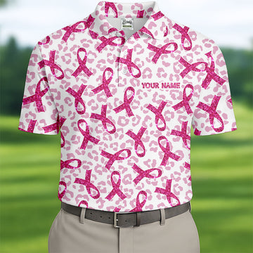 Breast Cancer Pink Ribbon Leopard Pattern Golf Tops For Men, Cancer Awareness Shirt, Golf Shirts For Men