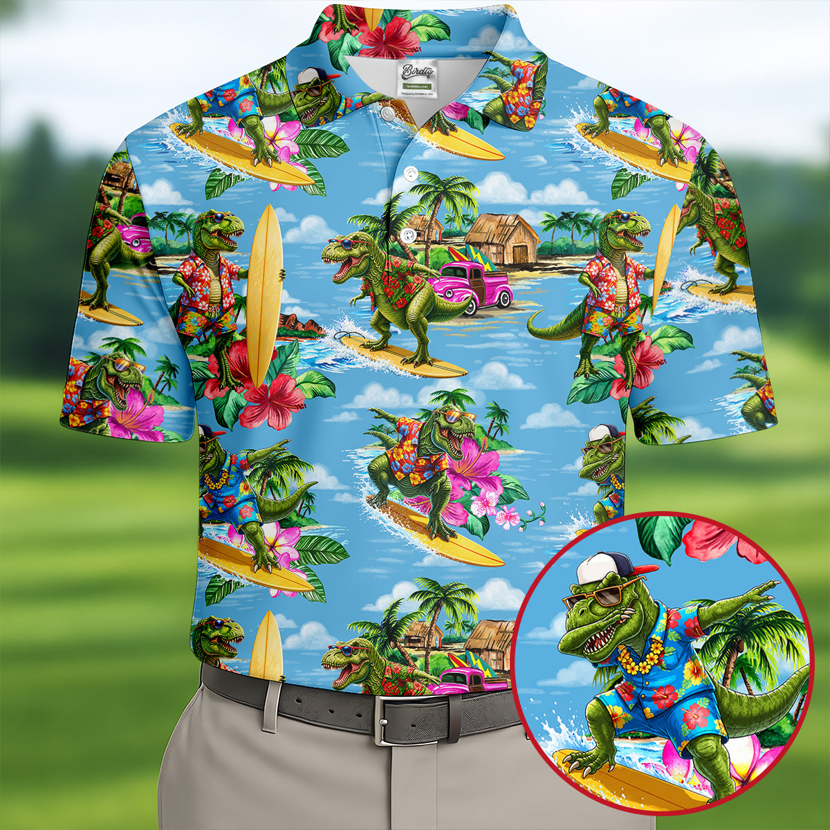 Hawaiian T Rex Surfboard Beach Hawaiian Golf Shirt, Mens Golf Polo, Printed Golf Shirts