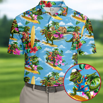 Hawaiian T Rex Surfboard Beach Hawaiian Golf Shirt, Mens Golf Polo, Printed Golf Shirts
