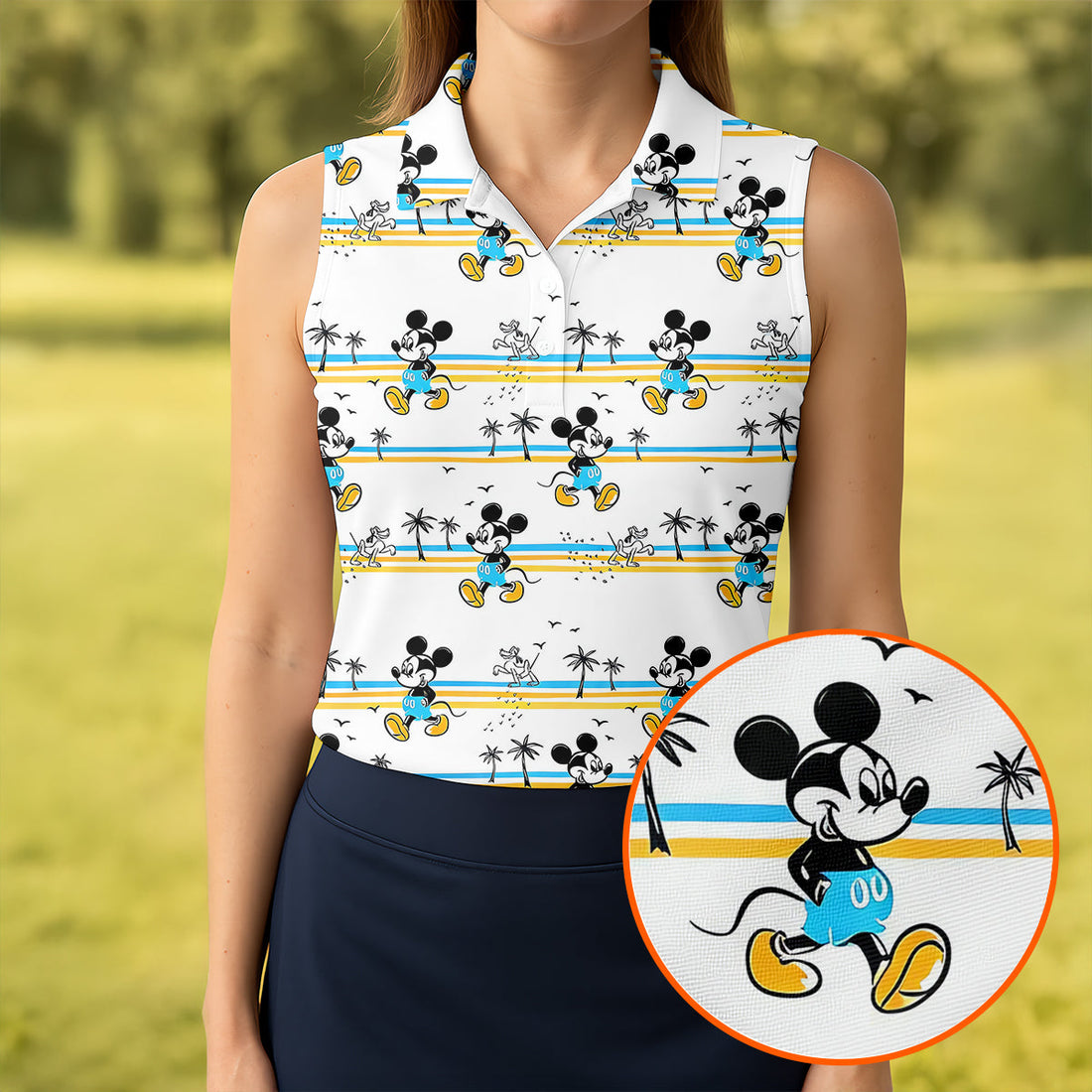 Retro Beach Stripe Cartoon Golf Polo Shirt, Women's Golf Tops, Ladies Golf Tops