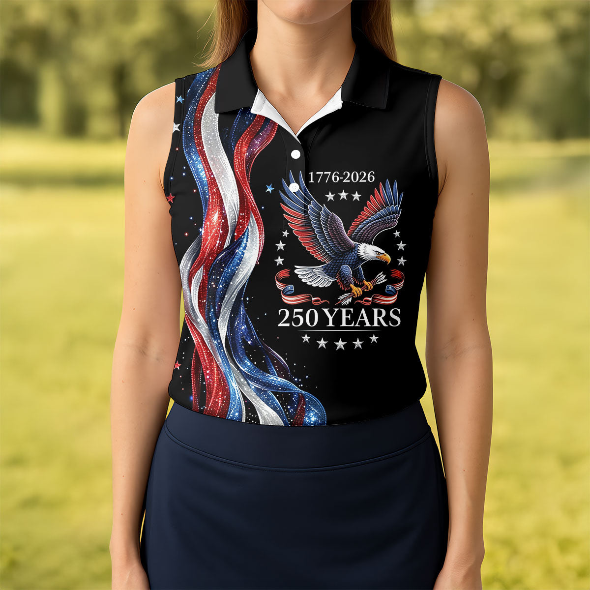 Bald Eagle Red White Blue Wavy Stripes Patriotic Golf Shirt, 250 Years 4th Of July Golf Shirt For Women