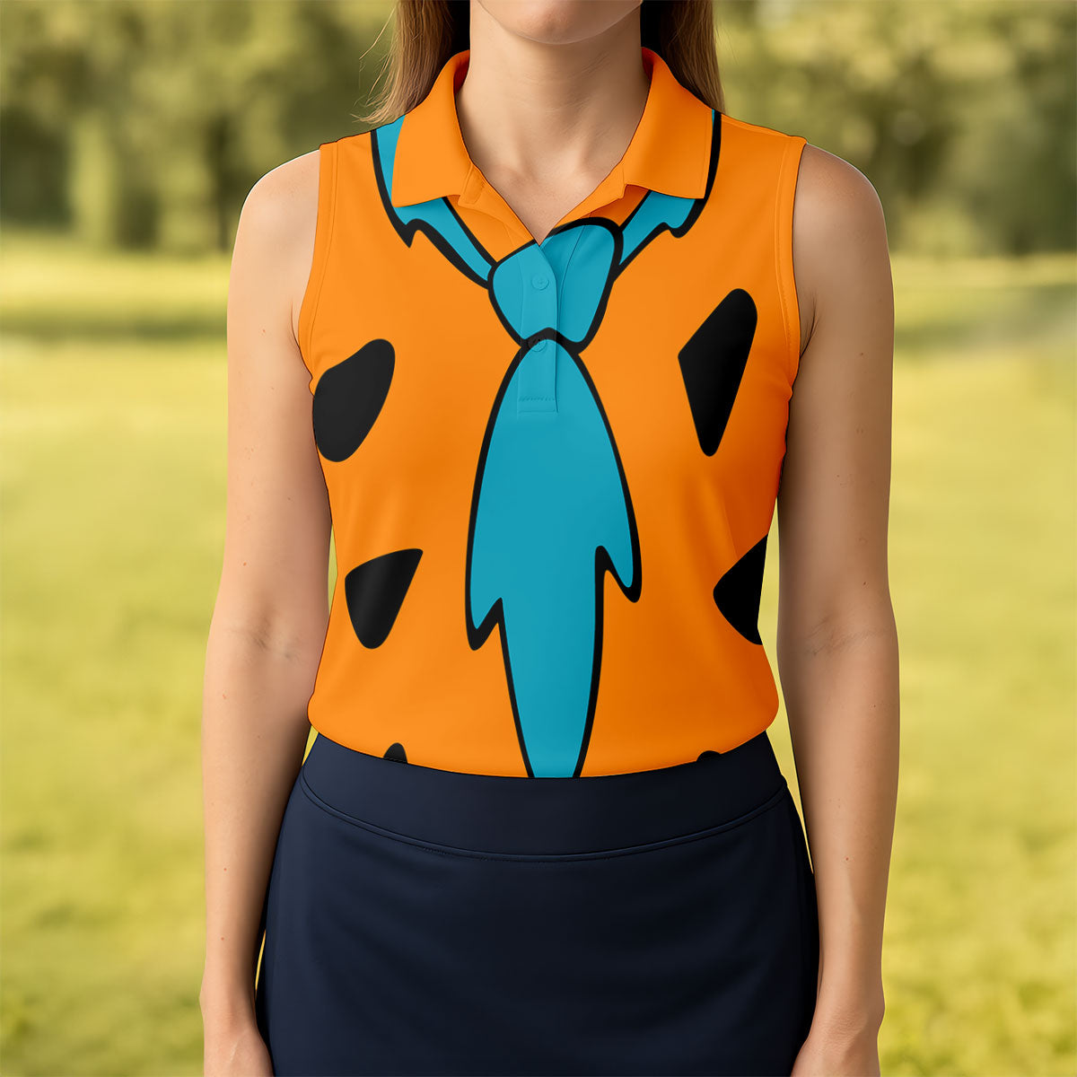 Orange Blue Stone Age Hawaiian Golf Shirt, Women’s Golf Apparel, Golf Shirts For Women