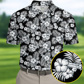 Black And White Pattern Tropical Hawaiian Golf Shirt, Summer Theme Golf Shirts For Men