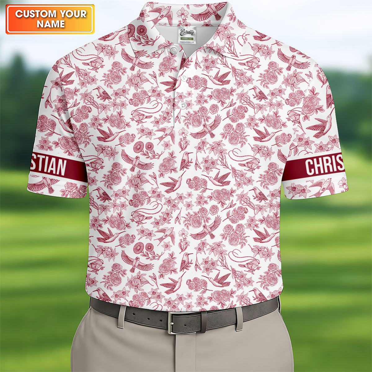 Custom Name Toile de Jouy Birds And Flowers White And Red Polo ShirtFor Men, Golf Gift For Men