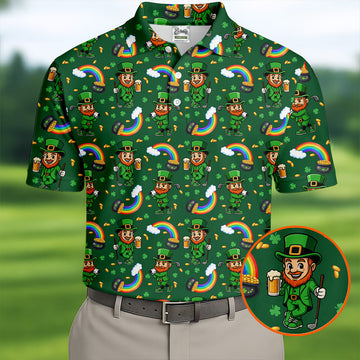 St Patrick's Day Leprechaun Golf Pose Rainbow Gold Pot Shamrock Golf Shirt, Golf Tops For Men, Golf Shirts For Men