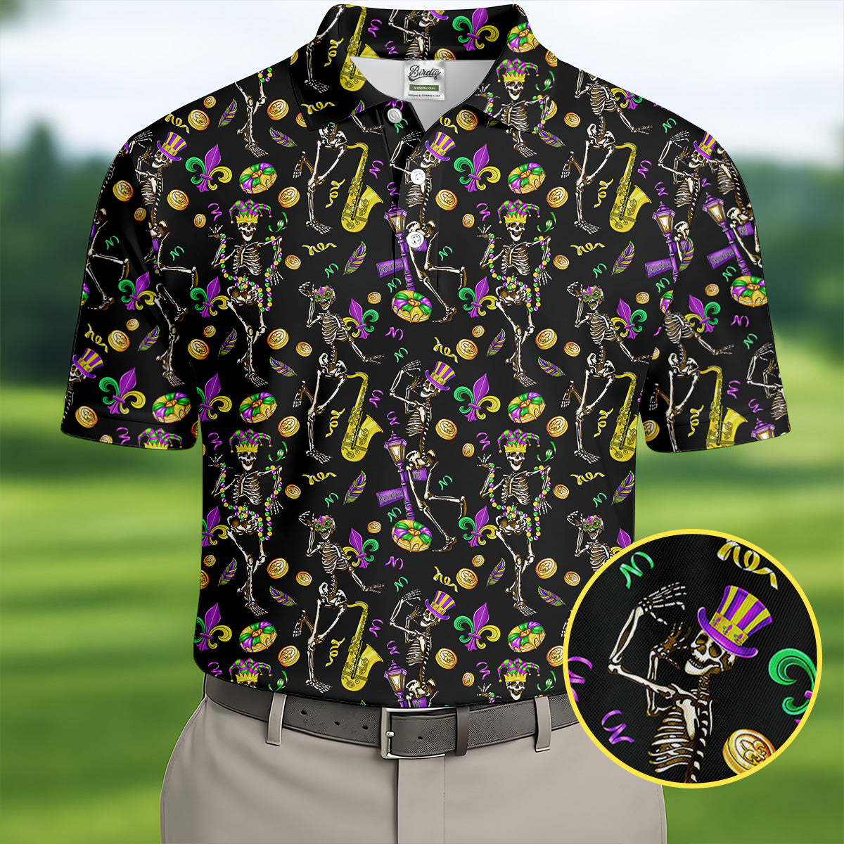 Dancing Skeleton Mardi Gras Fleur De Lis Black Golf Shirt, Polo ShirtFor Men, Golf Shirts For Men