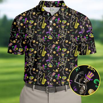 Dancing Skeleton Mardi Gras Fleur De Lis Black Golf Shirt, Polo ShirtFor Men, Golf Shirts For Men