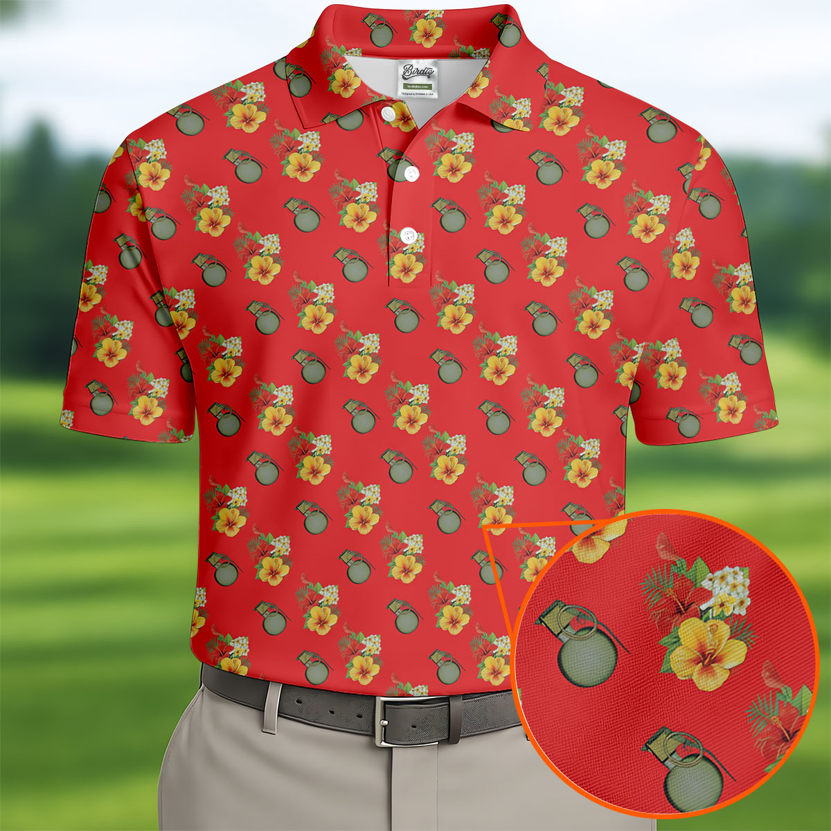 Hibiscus Flowers Green Grenades Seamless Pattern Red Golf Shirt, Golf Tops For Men, Golf Shirts For Men