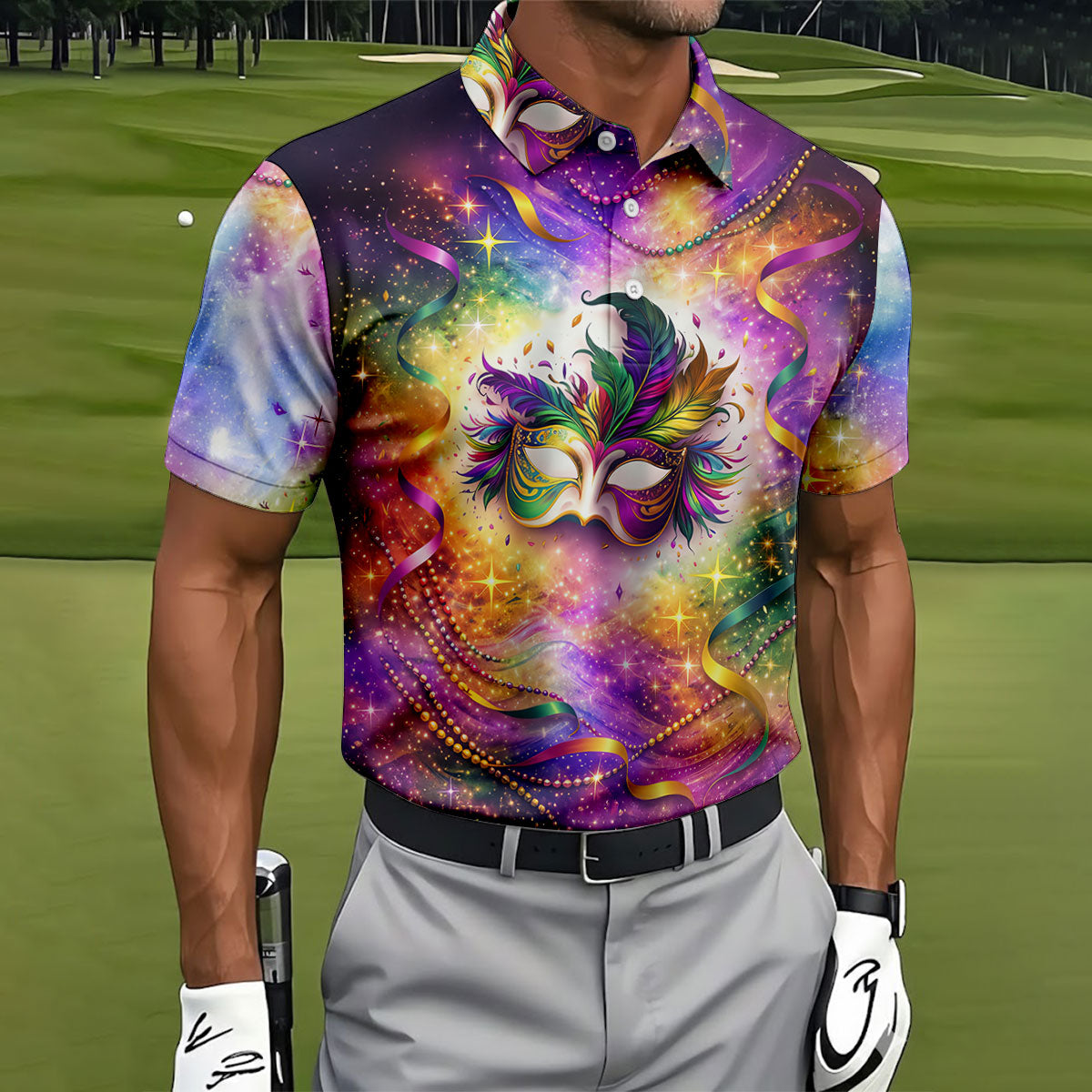 Carnival Mask Feather Print Purple Green Gold Dazzling Effect Mardi Gras Polo ShirtFor Men, Golf Shirts For Men
