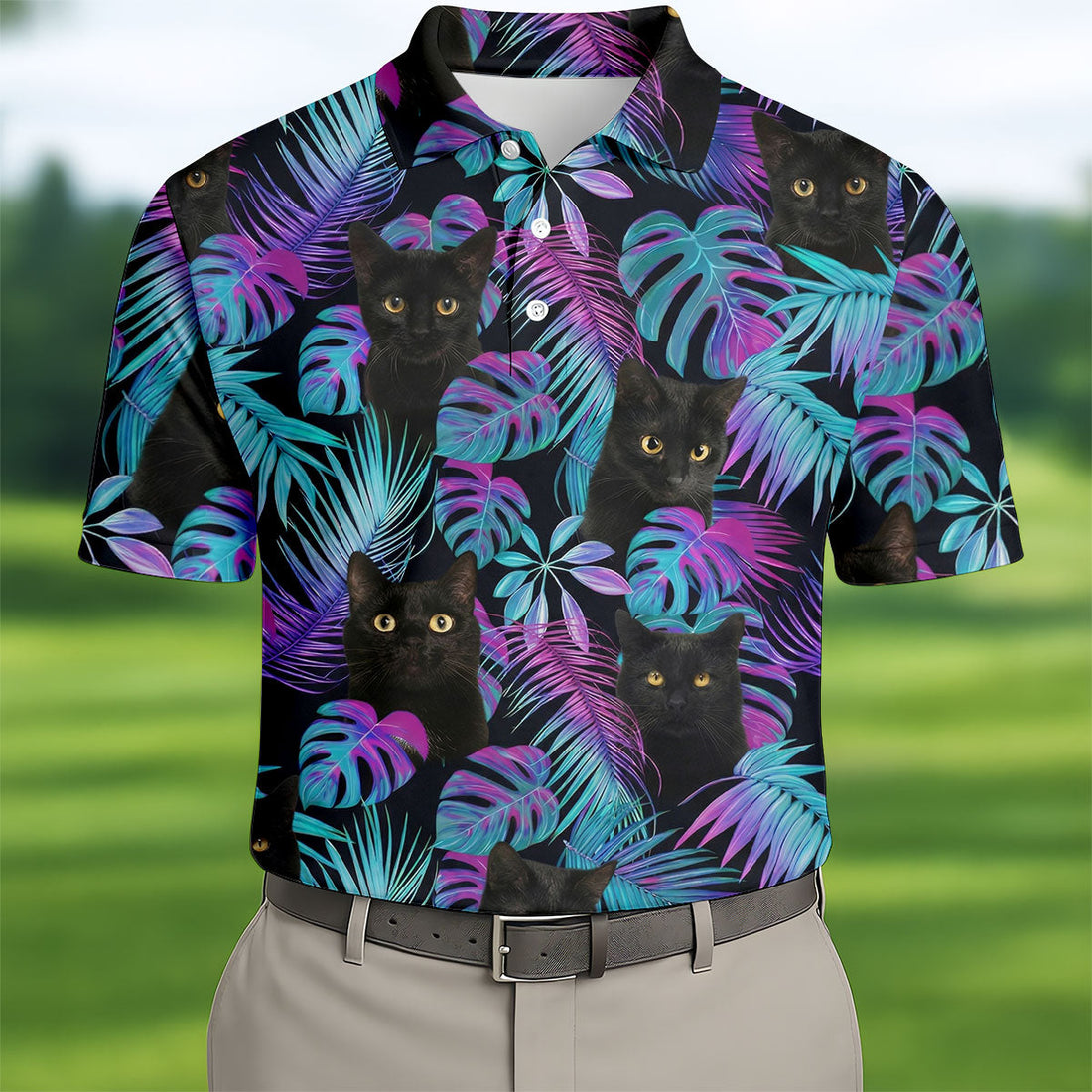 Funny Black Cat Purple Blue Gradient Hawaiian Golf Shirt, Golf Shirts For Men