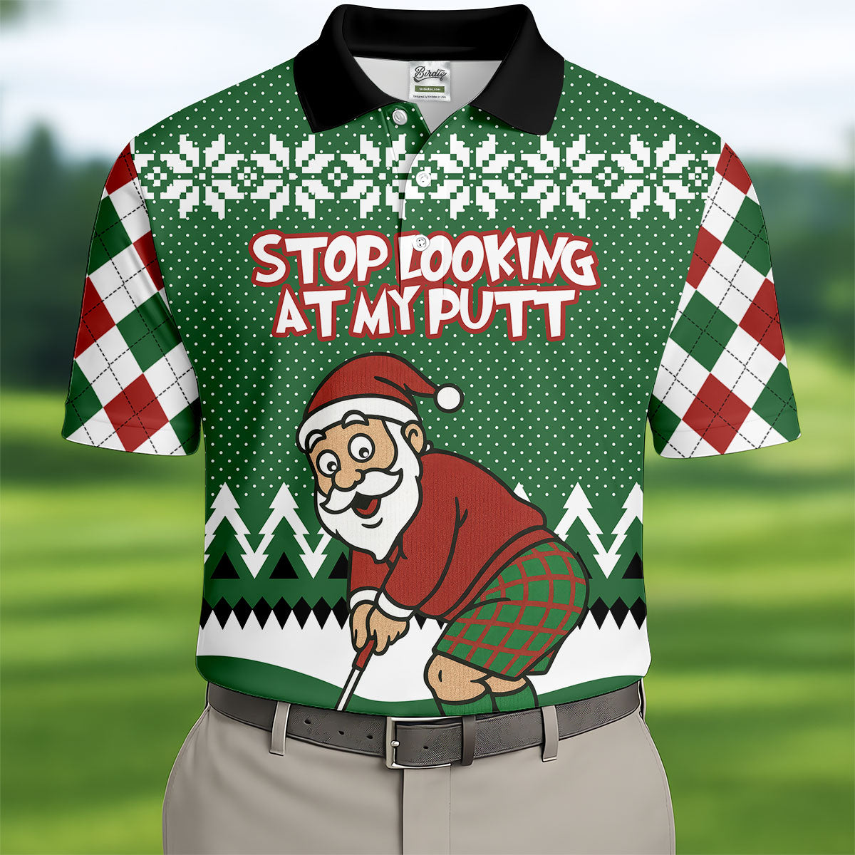 Stop Looking At My Putt Funny Santa Claus Argyle Golf Shirt, Christmas Golf Shirt, Polo ShirtFor Men
