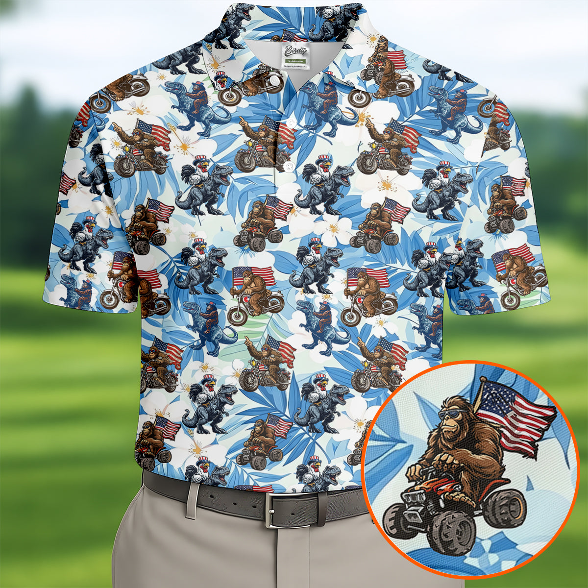 Patriotic Bald Eagle Funny T-Rex Bigfoot Hawaiian Golf Shirt, 250 Years 4th Of July Golf Shirts For Men