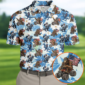 Patriotic Bald Eagle Funny T-Rex Bigfoot Hawaiian Golf Shirt, 250 Years 4th Of July Golf Shirts For Men