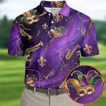 Golden Fleur De Lis Trumpet And Saxophone Mardi Gras Masquerade Mask Purple Golf Shirt, Golf Shirts For Men