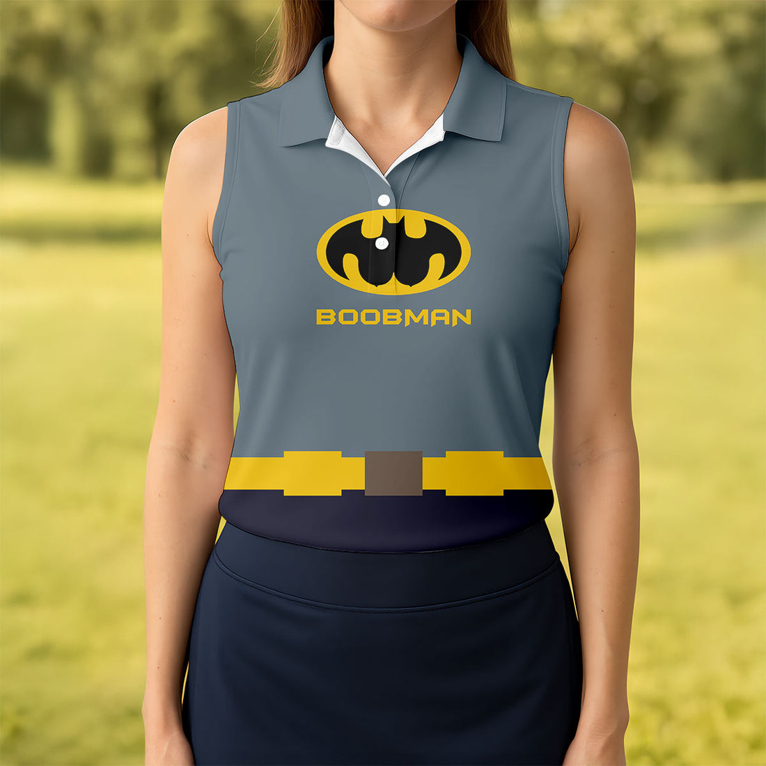 Boobman Comic Hero Logo Sleeveless Golf Shirt, Women's Golf Shirt, Golf Polo For Women, Funny Golf Shirt