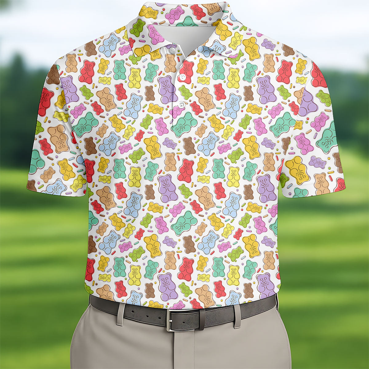 Gummy Bear Golf Shirt, Colorful Candy Pattern Men's Golf Polo, Polo Shirts For Men