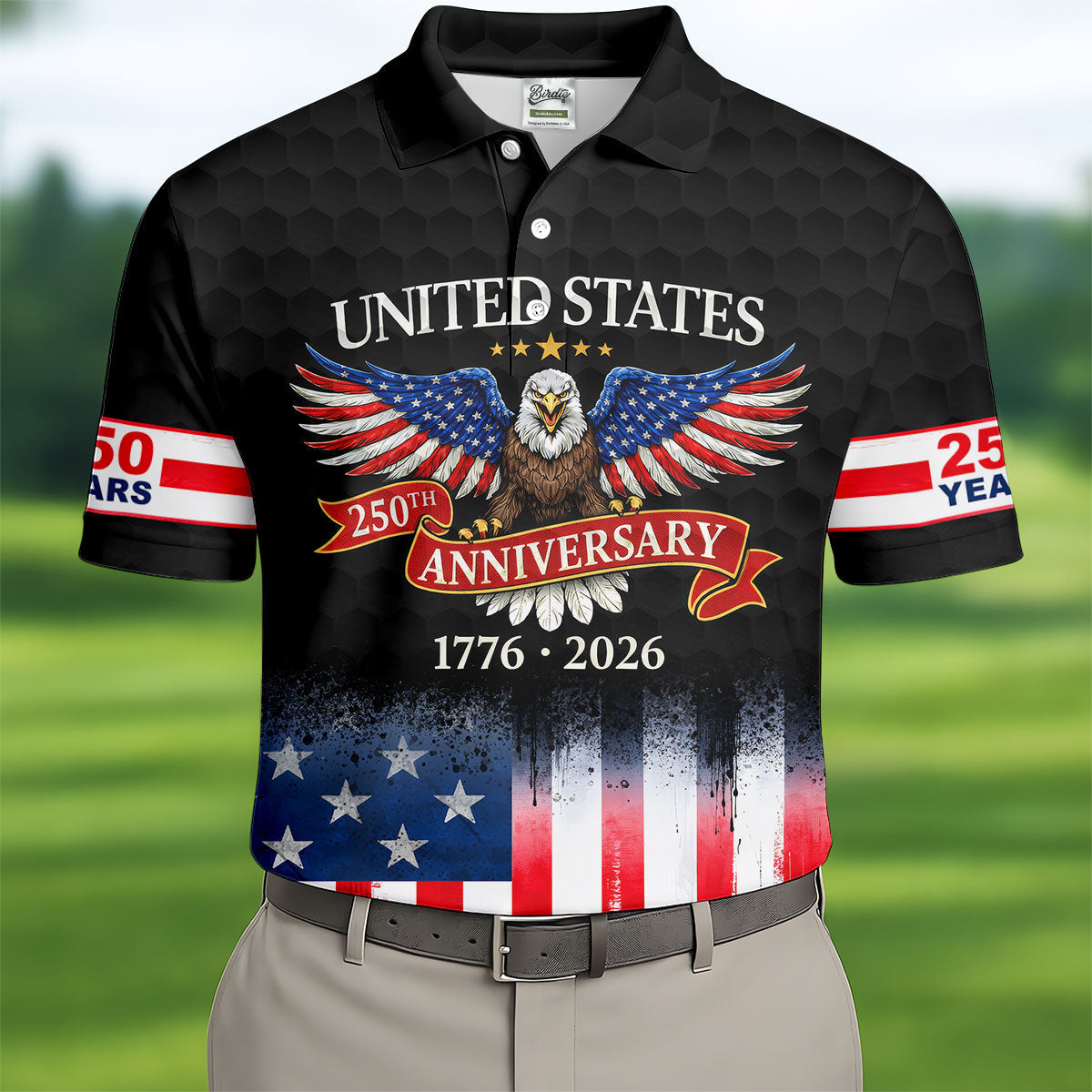 US Bald Eagle 250th Anniversary Celebration Ribbon Black Golf Shirt, Patriotic 4th Of July Golf Shirts For Men