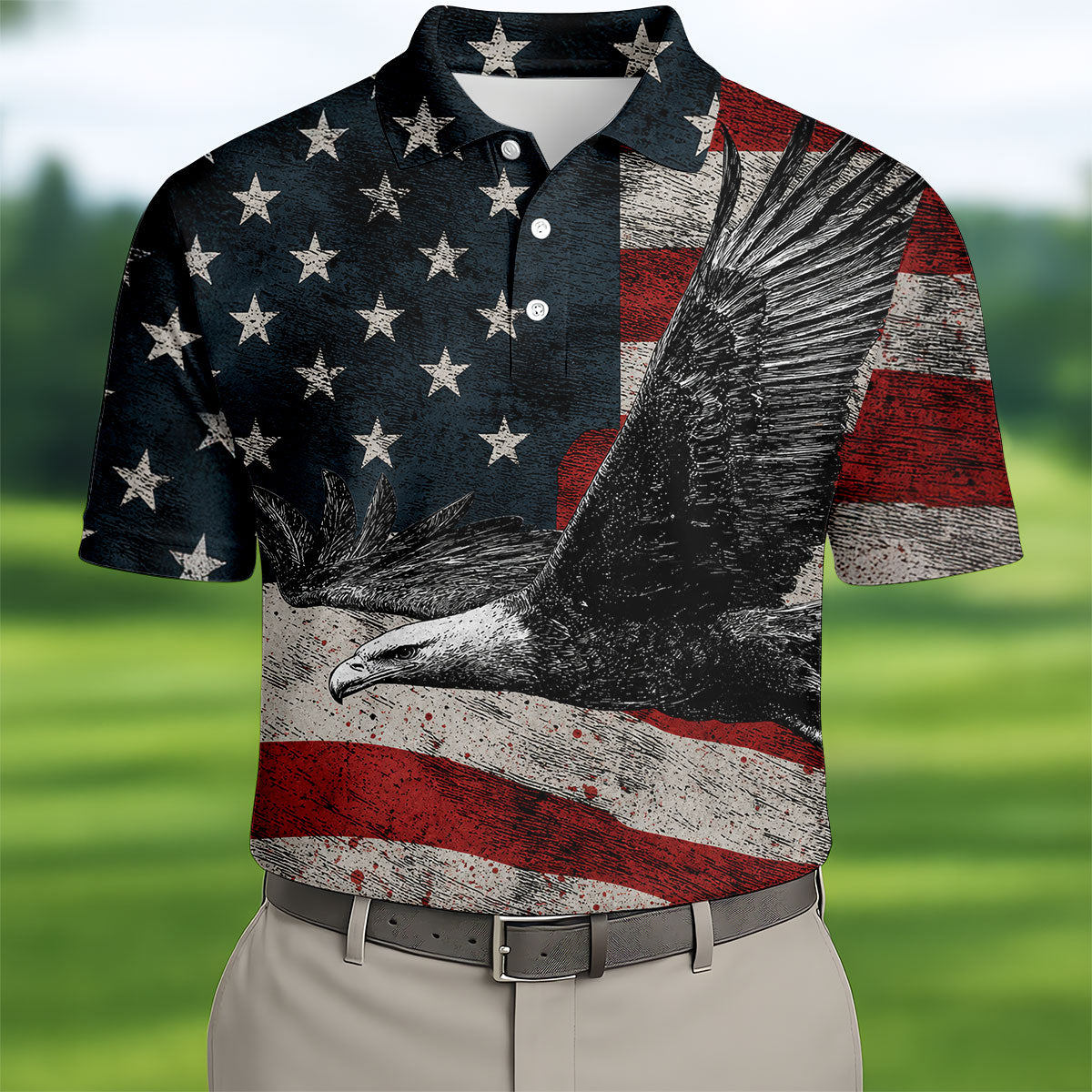 Distressed US Flag And Bald Eagle Patriotic Golf Shirt, 4th Of July 250 Years American Pride Golf Shirts For Men