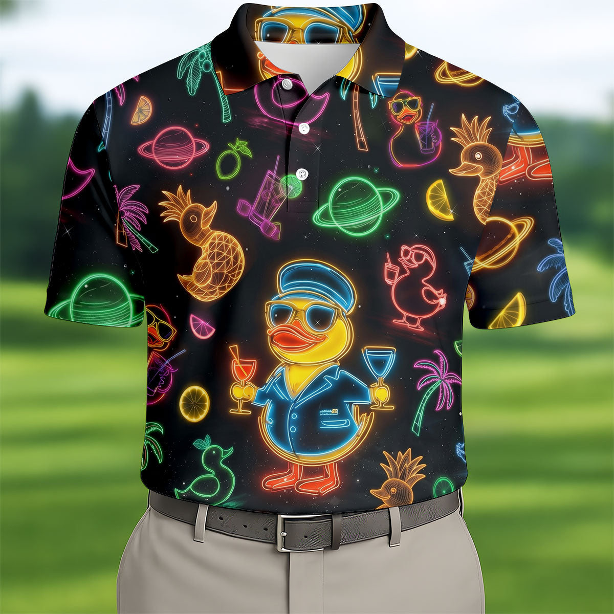 Jet Black Neon Duck Tropical Pattern Hawaiian Golf Shirt, Golf Shirts For Men, Polo Shirts For Men