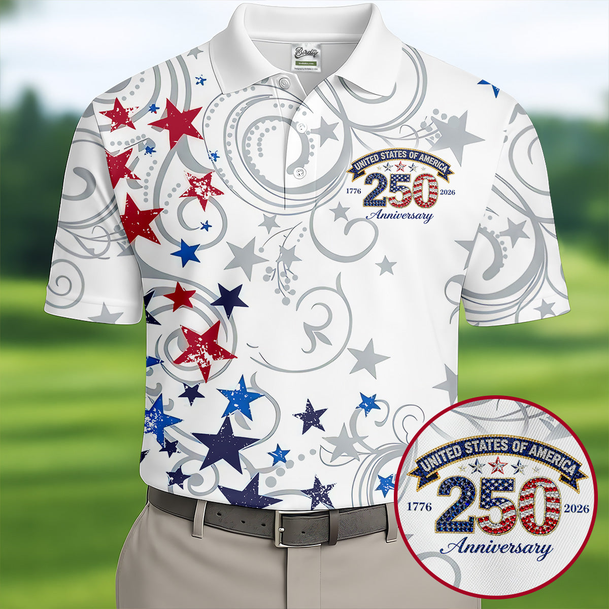United States Of America 250 Anniversary Patriotic 4th Of July Golf Shirt, Red Blue Stars Golf Shirts For Men