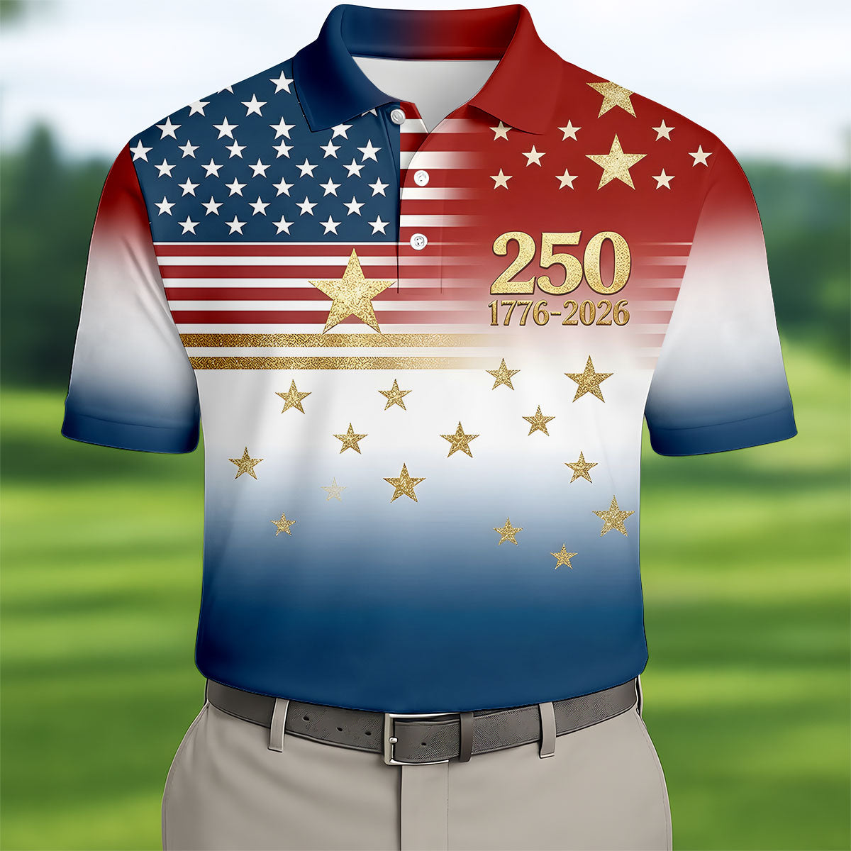 250 Years 1776-2026 Golden Star Golf Shirts For Men, Patriotic 4th Of July Polo ShirtFor Men