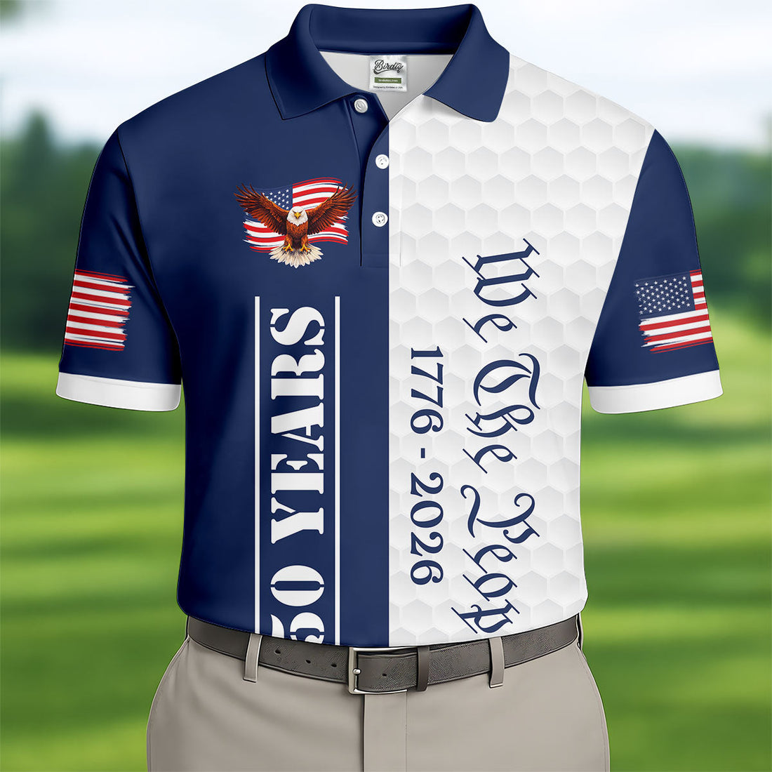 We The People Bald Eagle US Flag Golf Ball Pattern 250 Years Patriotic 4th Of July Golf Shirts For Men