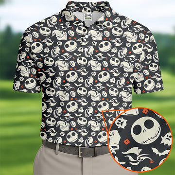 Nightmare Skull Golf Tops For Men, Horror Pattern Polo ShirtFor Men, Halloween Golf Shirt