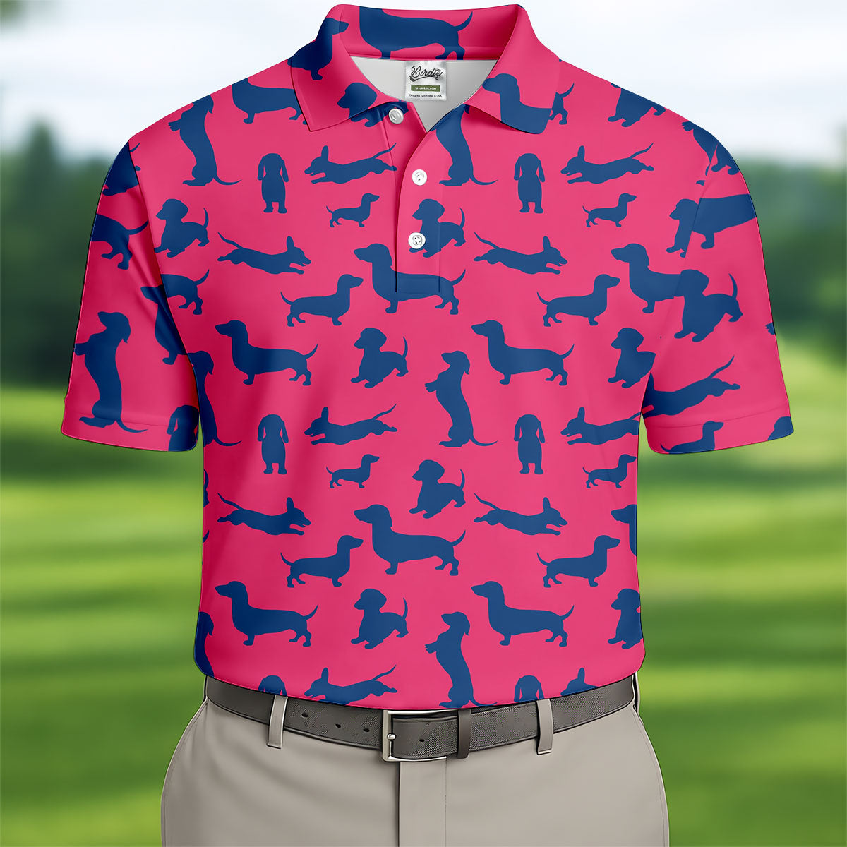 Funny Dachshund Pink And Navy Cute Golf Shirt, Men's Funny Golf Shirts, Golf Shirts For Men