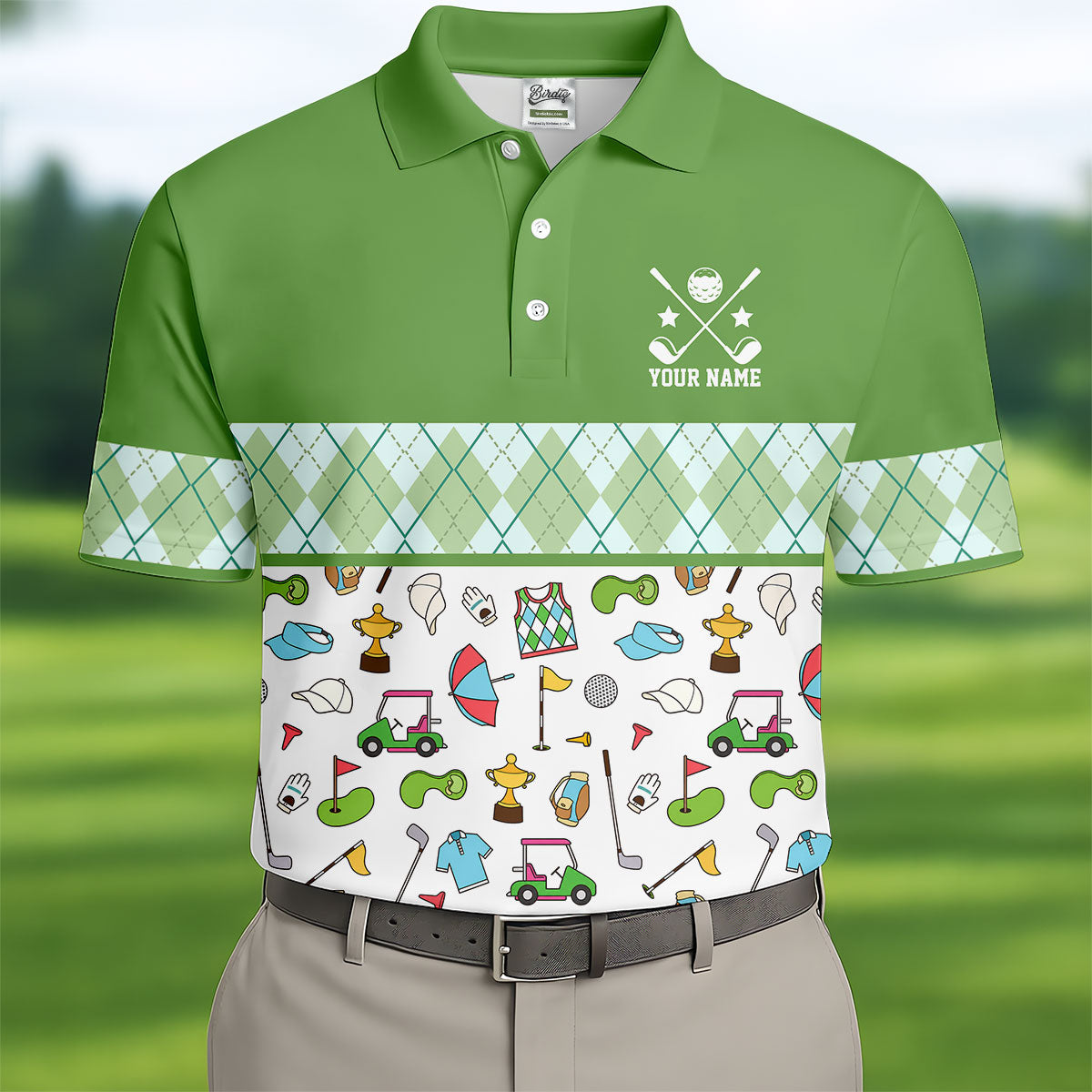 Custom Name Green Argyle Golf Icons Pattern Golf Shirt, Mens Golf Polo, Golf Shirts For Men, Printed Golf Shirts