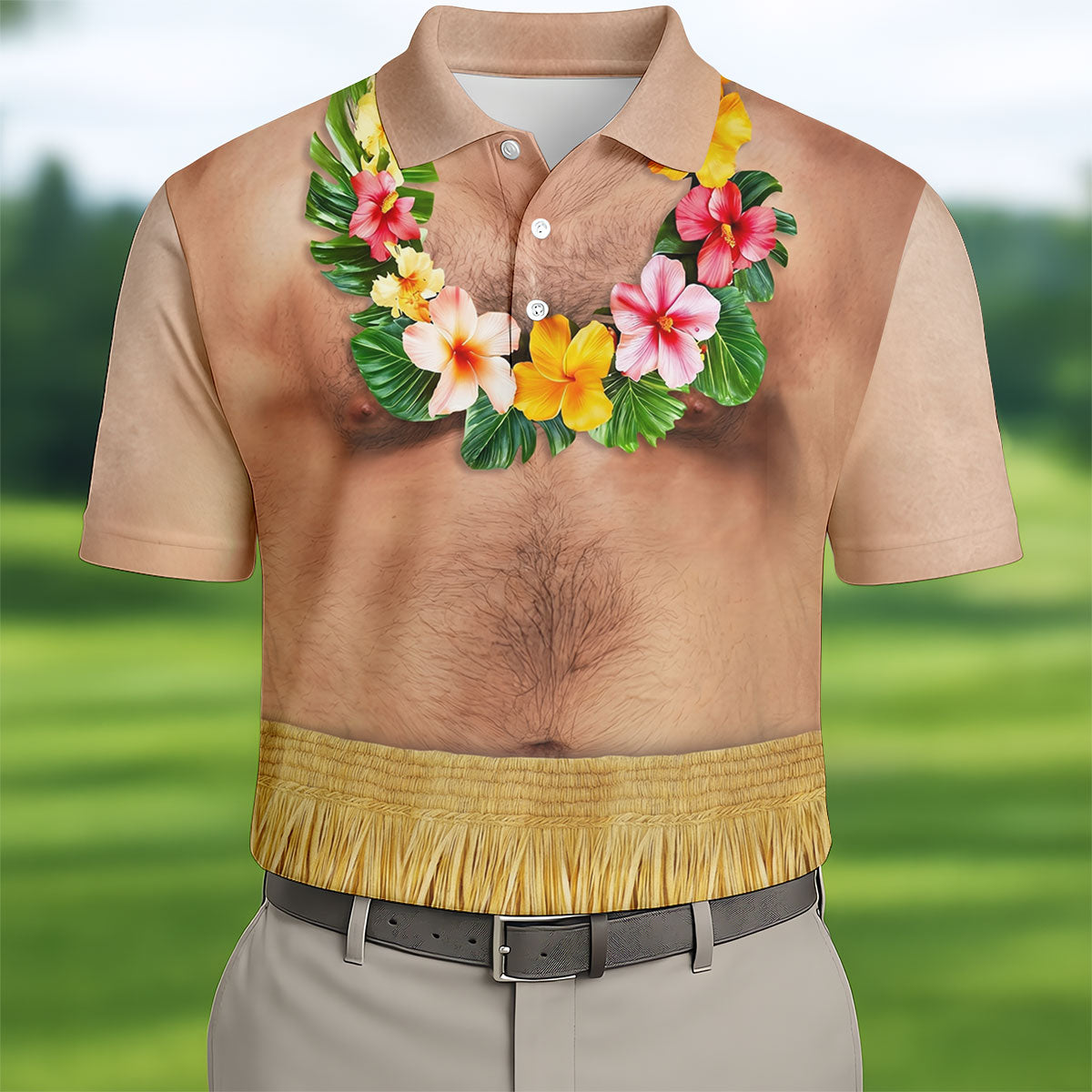 Floral Lei Tropical Theme Party Men's Funny Golf Shirts, Hawaiian Golf Shirt, Polo Shirtor Men