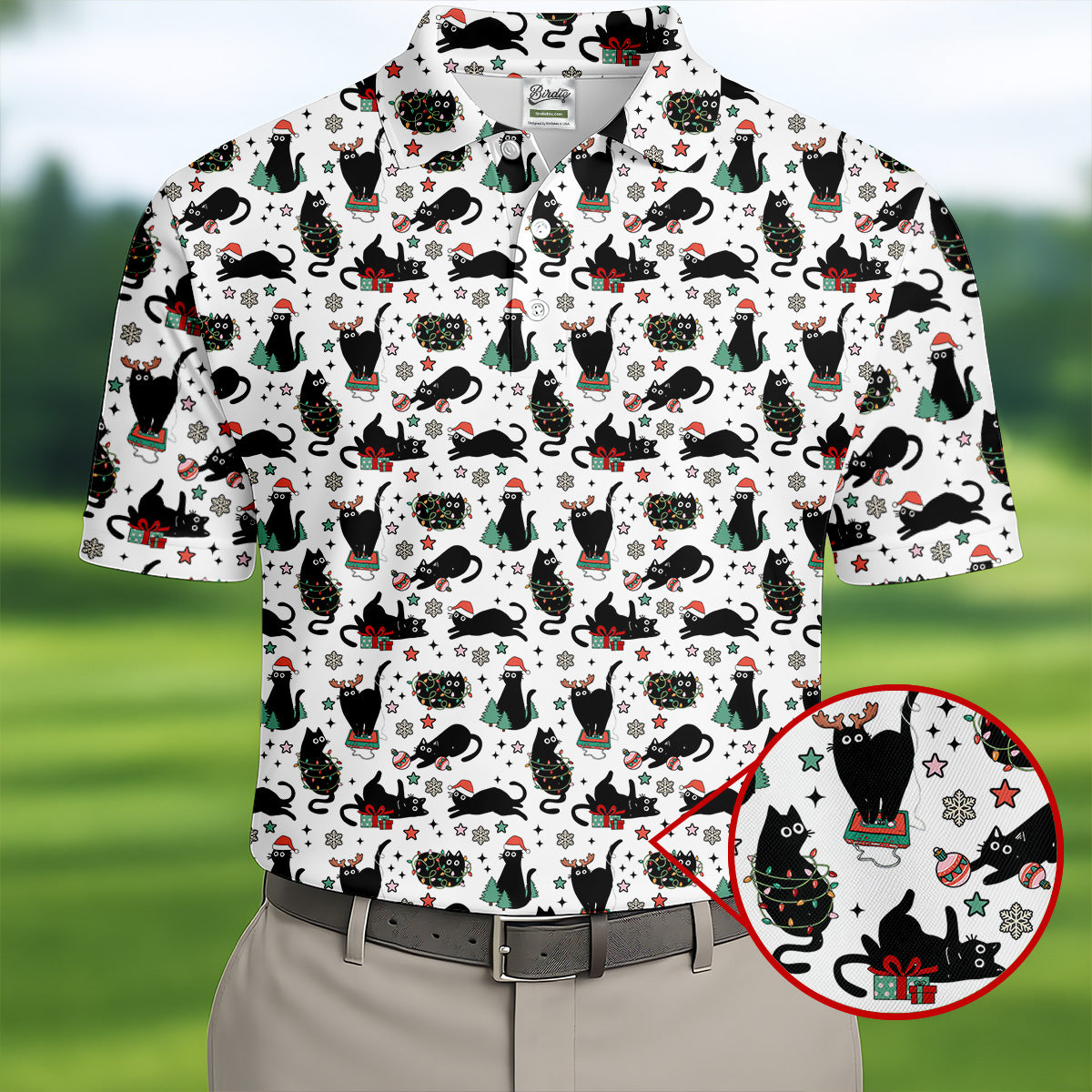 Xmas Black Cat Polo Shirtor Men, Christmas Golf Shirt, Golf Gift For Men, Christmas Golf Shirt