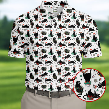 Xmas Black Cat Polo Shirtor Men, Christmas Golf Shirt, Golf Gift For Men, Christmas Golf Shirt