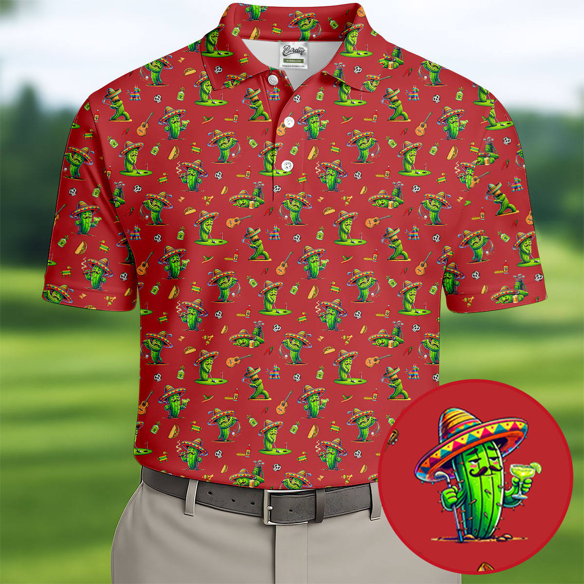 Cartoon Mustach Funny Cactus Cinco De Mayo Celebration Fiesta Themed Red Golf Shirts For Men