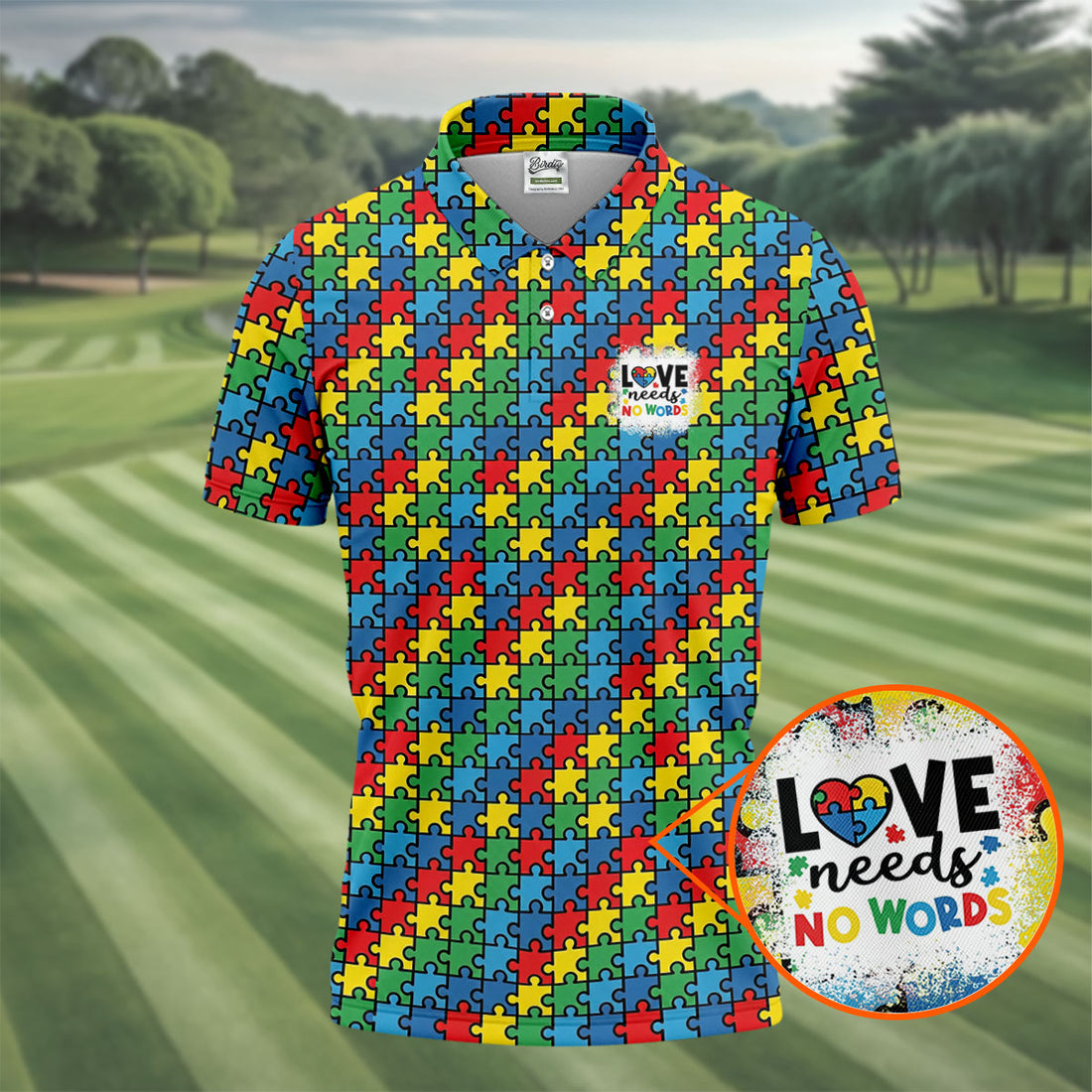 Love Needs No Words Autism Awareness Jigsaw Puzzle Pieces Men's Golf Shirt, Polo Shirt Men