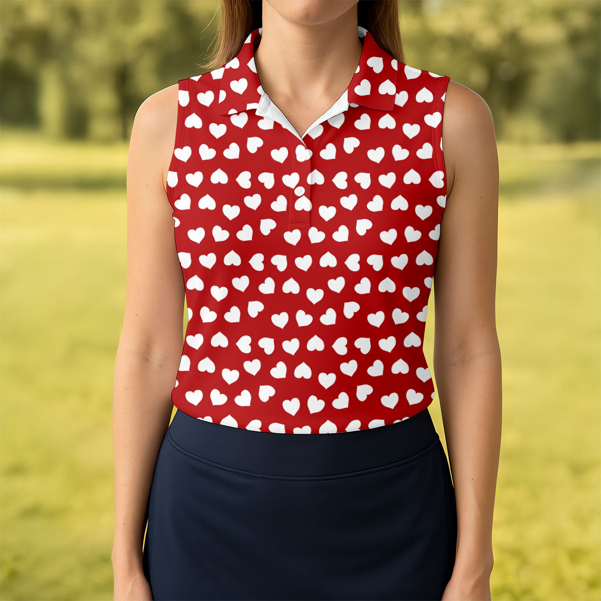 White And Red Heart Pattern Women's Golf Tops, Valentine Golf Gift, Ladies Golf Polos, Golf Gift For Ladies