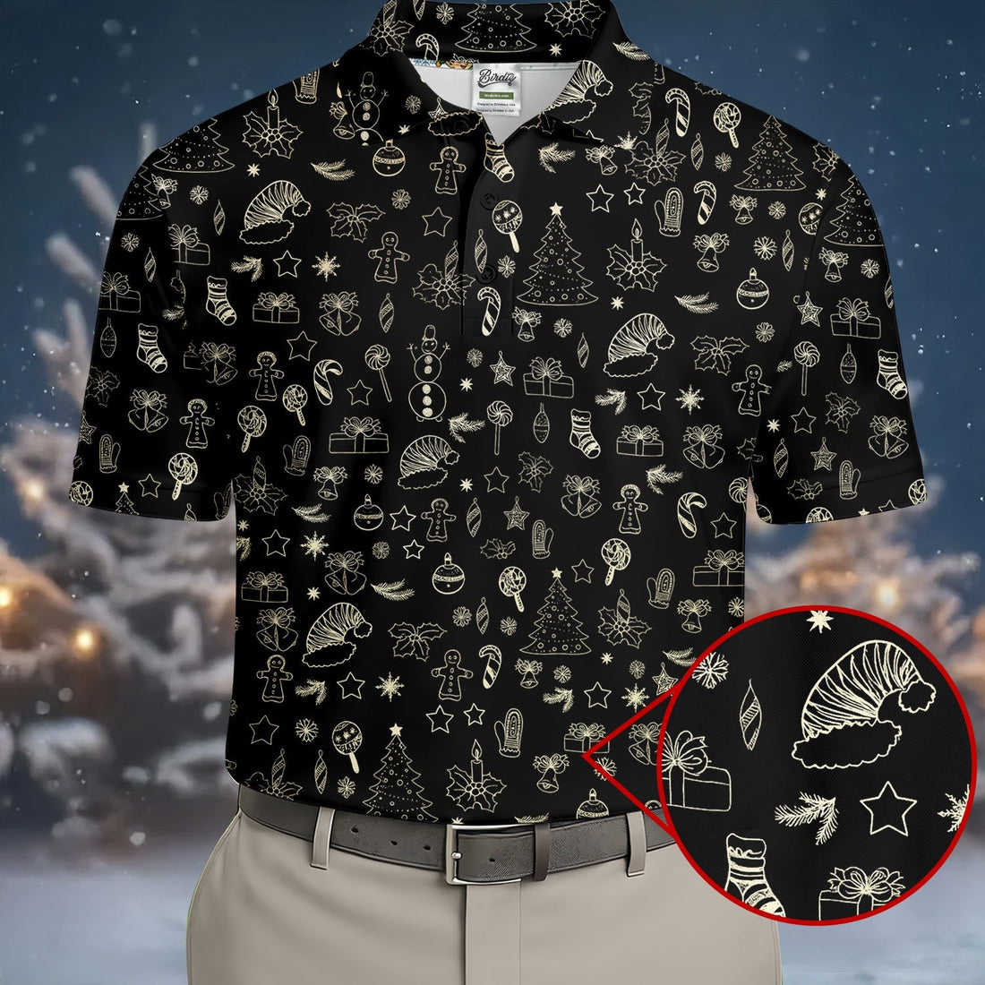 Festive Christmas Golden Pattern Men's Golf Polo Shirt Christmas Golf Shirt, Golf Gift For Men