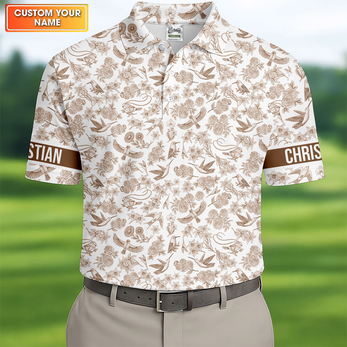Custom Name Toile de Jouy Birds And Flowers Brown Golf Shirt, Polo ShirtFor Men, Golf Gift For Men