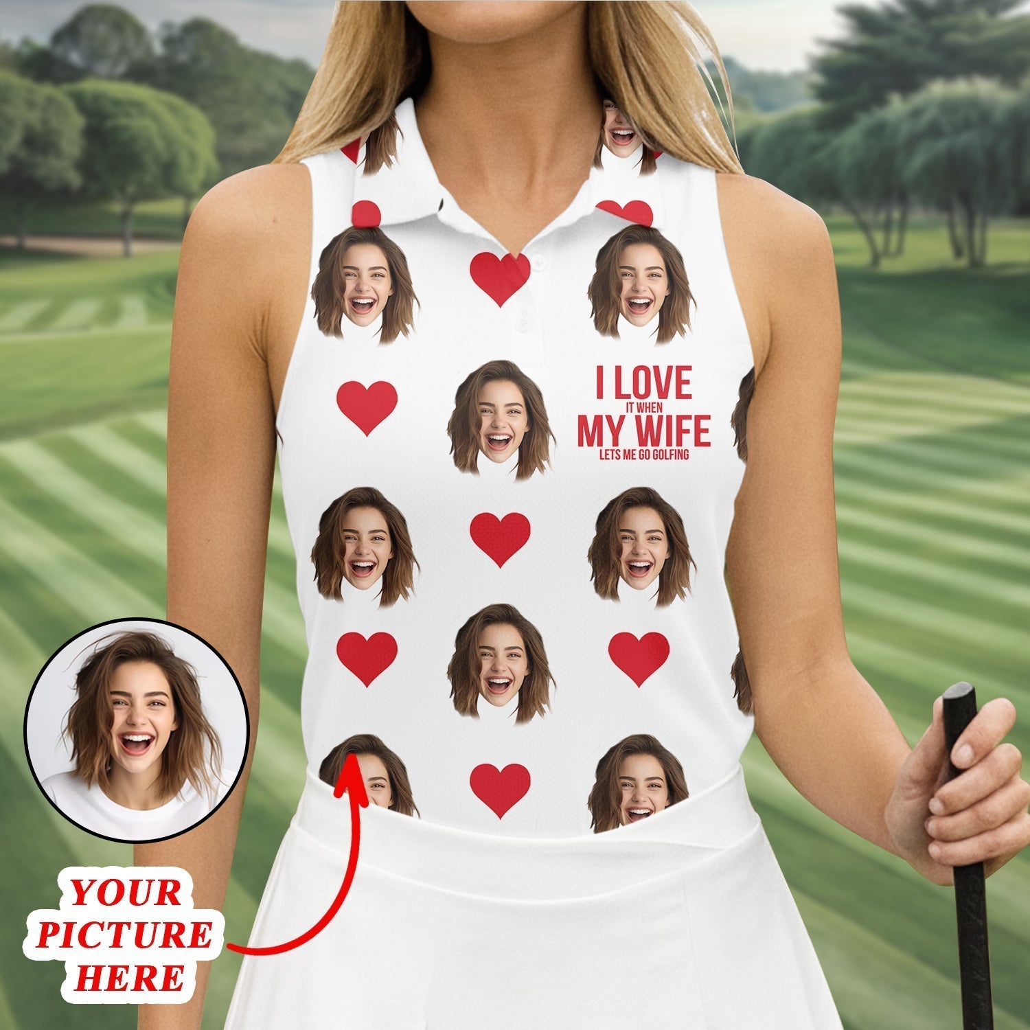 I Love My Wife Custom Photo White Golf Shirt, Valentines Golf Gift, Women Golf Top, Ladies Golf Polos