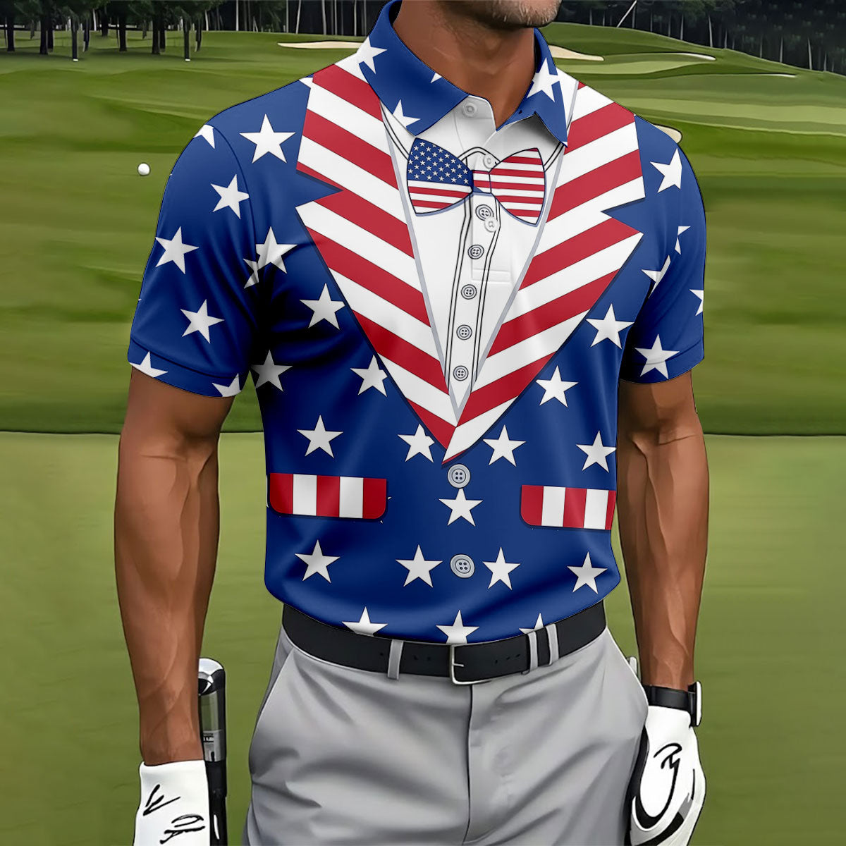 US Flag Costume Patriotic 4th Of July Golf Shirt, 250th Anniversary Polo Shirt Men