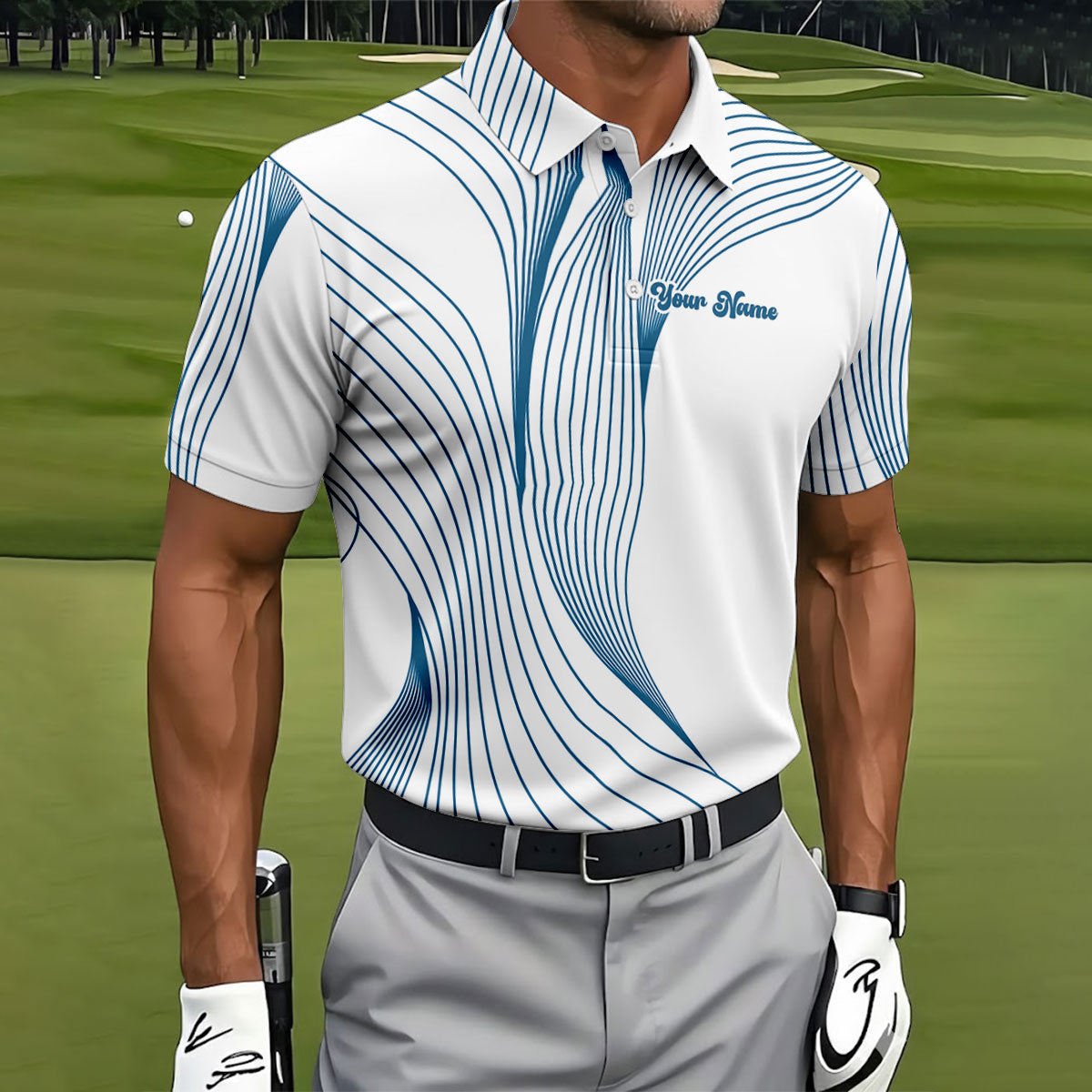 Geometric Line Wavy Line Blue And White Custom Name Golf Shirts For Men, Men's Golf Shirt, Polo ShirtFor Men