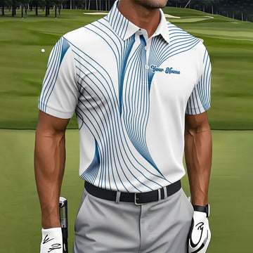 Geometric Line Wavy Line Blue And White Custom Name Golf Shirts For Men, Men's Golf Shirt, Polo ShirtFor Men