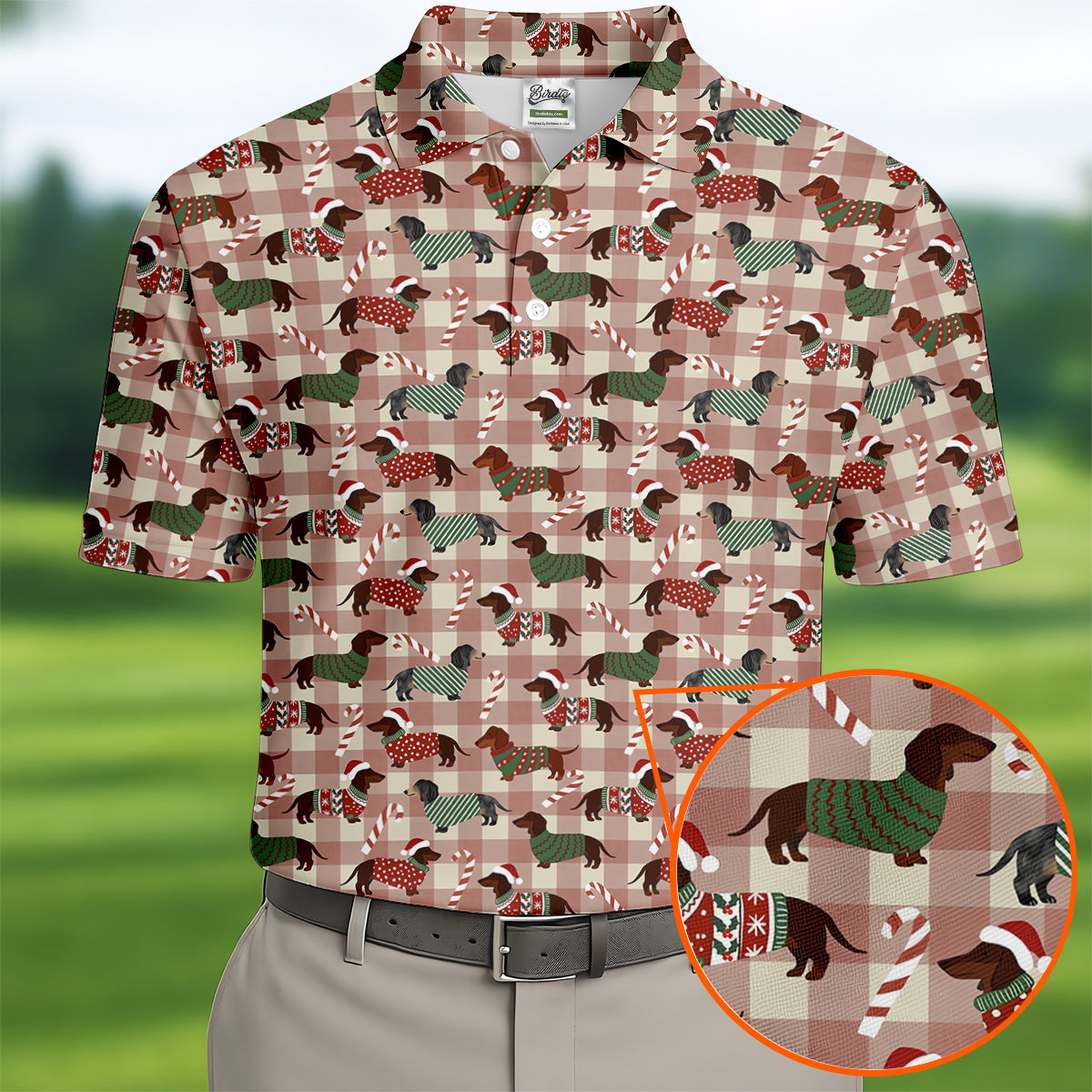 Christmas Dachshund Pink Checkered Golf Tops For Men, Christmas Golf Shirt, Polo Shirtor Men