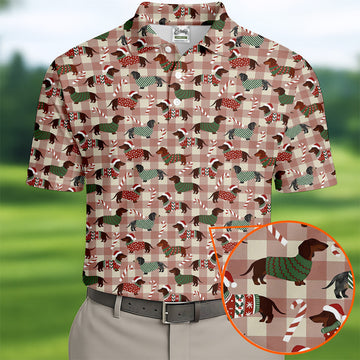 Christmas Dachshund Pink Checkered Golf Tops For Men, Christmas Golf Shirt, Polo Shirtor Men