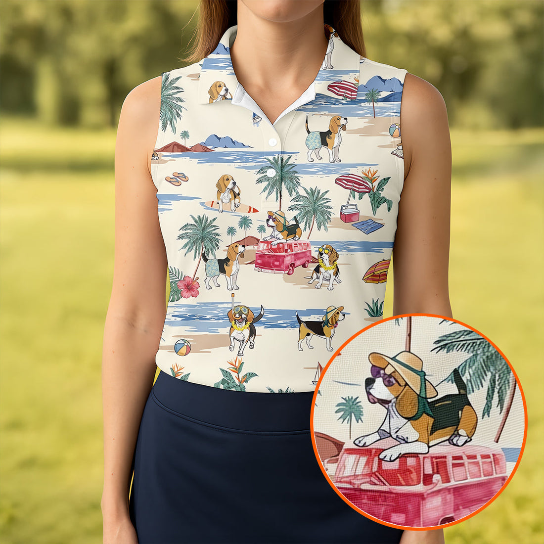 Cute Beagle Beach Vacation Tropical Golf Polo Shirt, Golf Shirts For Women, Women's Golf Apparel