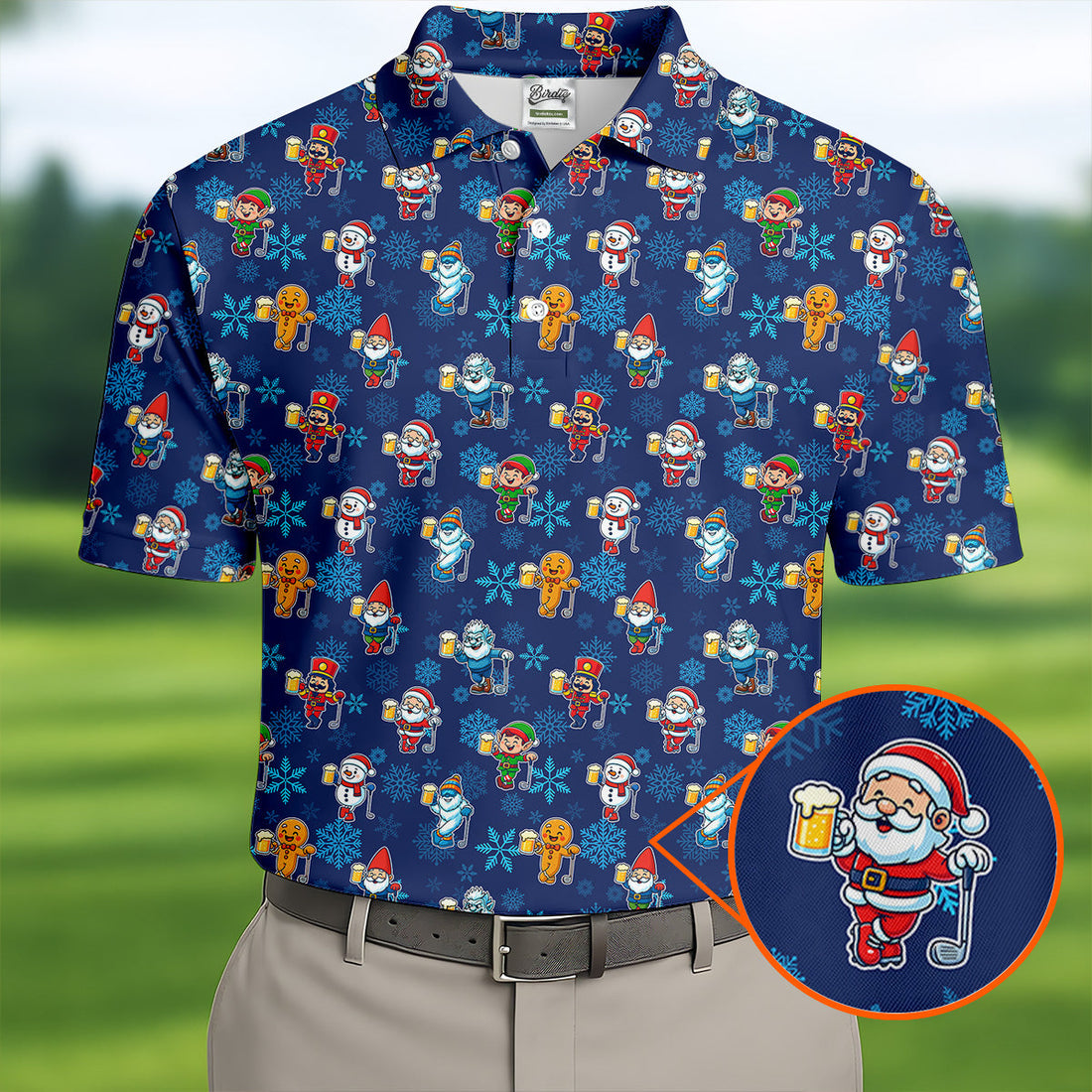 Christmas Characters Golf And Beer Navy Men's Funny Golf Shirts, Christmas Golf Shirt, Polo ShirtFor Men