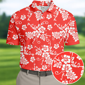 Tropical Flower Red Golf Shirt, Hawaiian Golf Shirt, Polo Shirtor Men, Golf Shirts For Men