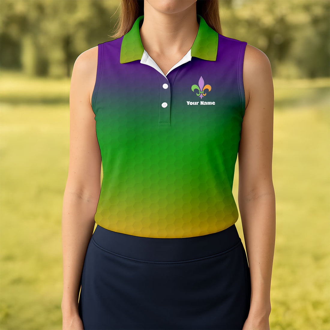Mardi Gras Purple Gold Green Blended Color Golf Ball Pattern Women's Golf Tops, Women's Golf Shirts, Ladies Golf Polos