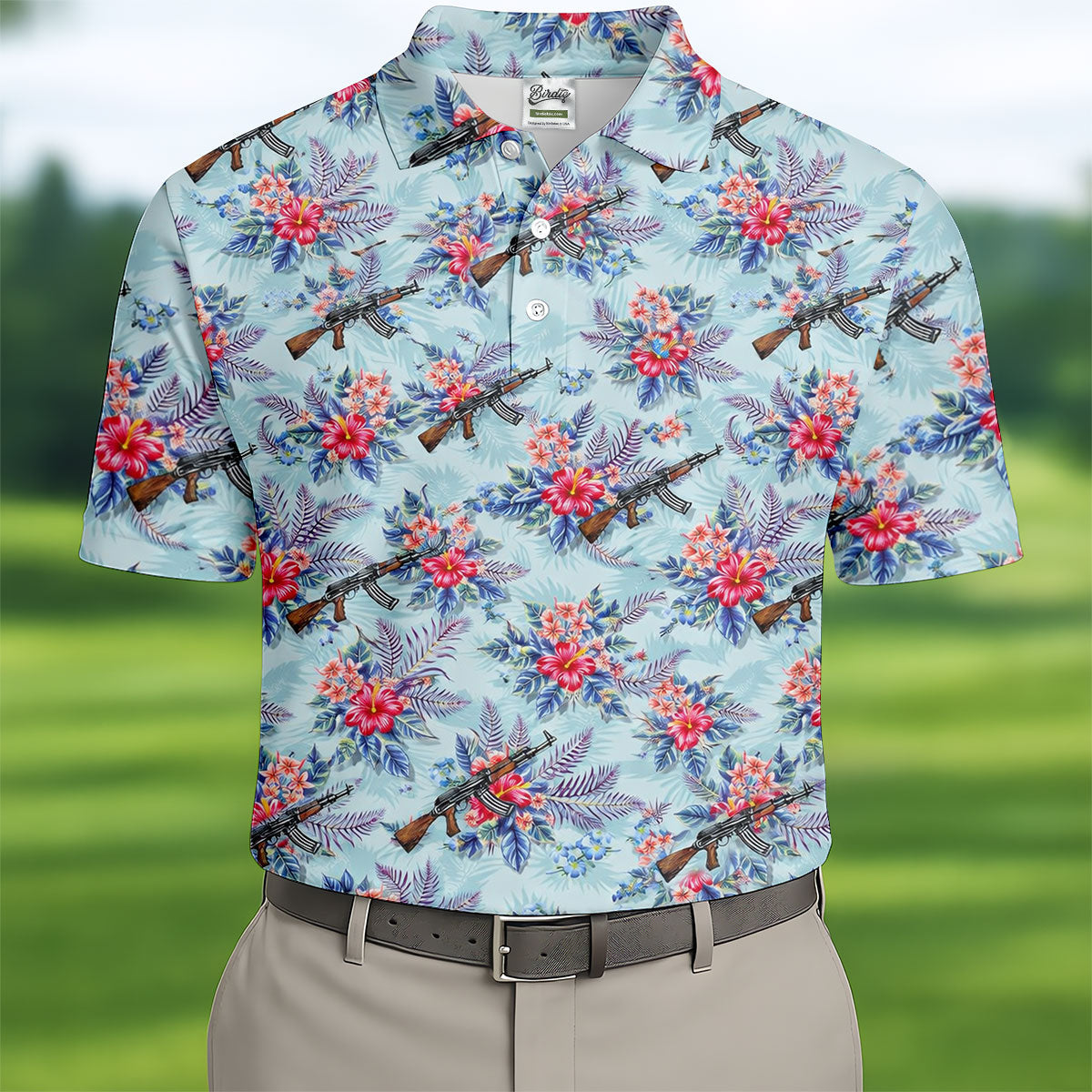 Hawaiian Floral Military Theme Light Blue Golf Shirt, Golf Shirts For Men, Polo ShirtFor Men