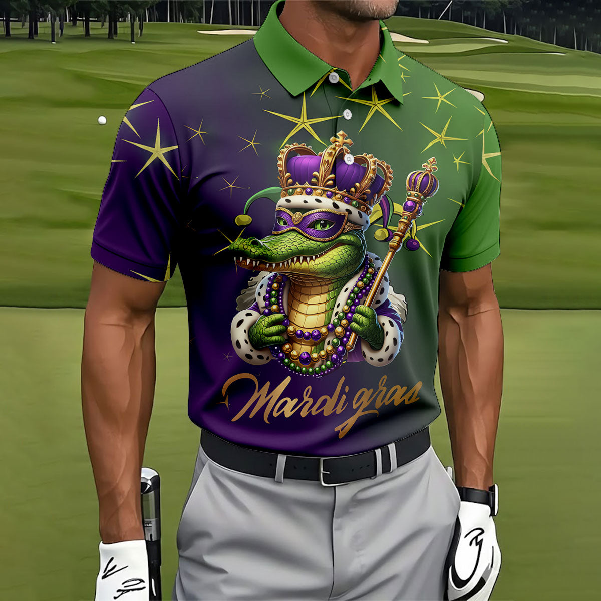 Mardi Gras Aligator Crown Mask Purple Green Gold Golf Tops For Men, Polo ShirtFor Men, Golf Shirts For Men