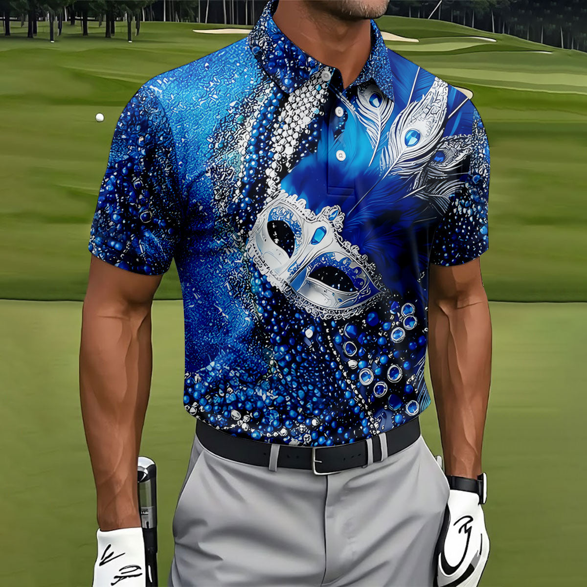 Mardi Gras Masquerade Mask Feather Beads Blue Golf Shirt, Polo ShirtFor Men, Golf Shirts For Men
